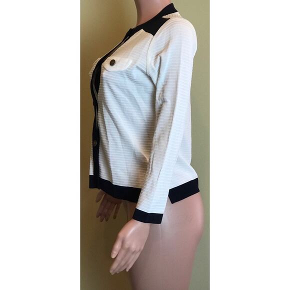 Exclusively Misook Cardigan Sweater Size PS White Navy Blue Trim Gold Buttons - Picture 4 of 9